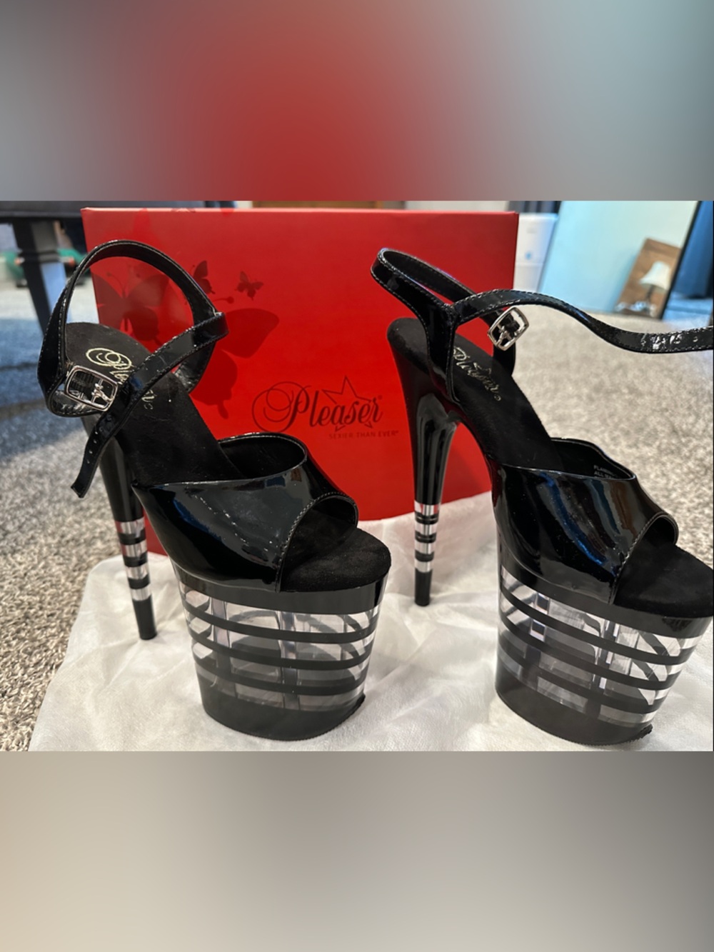 Pleasers Black Strappy Platform 8in Heels with Clear-Striped Platform